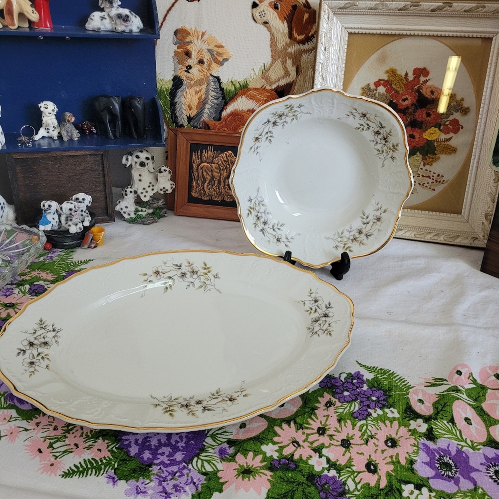 Vintage "Blossom" Serving Platter by Bernadotte Czechoslovakia Embossed Gold Rim